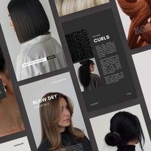 Puede incluir: Un collage de imágenes que muestran varios peinados y consejos para el cuidado del cabello. Las imágenes incluyen una mujer con un corte bob oscuro, un primer plano de cabello rizado y una mujer con cabello largo y ondulado. El texto incluye "Hair Care", "Natural Curls" y "Blow Dry Essentials".