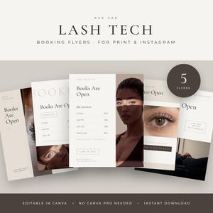 May include: A set of five digital lash tech booking flyers featuring a neutral color palette of beige, brown, and white. The designs include text such as Books Are Open, services, and link in bio, alongside photographic imagery of eyes and faces.