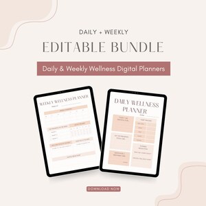 Può includere: Due tablet neri che mostrano modelli di pianificatori digitali. Il testo sui tablet recita "Weekly Wellness Planner" e "Daily Wellness Planner". L'immagine include anche il testo "Daily + Weekly Editable Bundle" e "Daily & Weekly Wellness Digital Planners".
