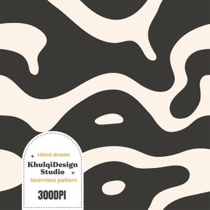 May include: Seamless pattern design featuring abstract shapes in black and cream. The design includes the text "Hand drawn KhulqiDesign Studio Seamless pattern 300DPI". The pattern is suitable for various applications.