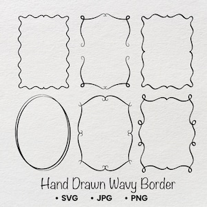 Può includere: Disegni di bordi ondulati disegnati a mano in nero, in varie forme, tra cui rettangoli e un ovale. L'immagine include il testo "Hand Drawn Wavy Border" e indicatori di tipo di file: SVG, JPG e PNG.