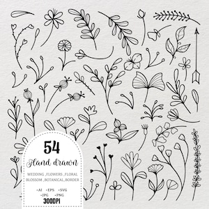 May include: A collection of 54 hand-drawn floral elements in black ink, including various flowers, leaves, and botanical designs. The image includes the text "Hand drawn" and details about the file formats and resolution.