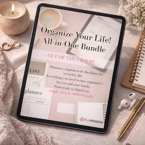 Organize Your Life Printable Bundle Daily & Weekly Planner, Cleaning Checklist, Budget Planner, Moving List, Travel Pet Packing -Half Letter