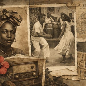 Peut inclure: Collage de style vintage avec des photographies sépia de la vie cubaine. Comprend un portrait de femme avec un foulard, des danseurs, une carte de La Havane et une radio ancienne. Une fleur d'hibiscus rouge ajoute une touche de couleur.