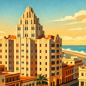 Peut inclure: Illustration de style art déco d'une ville côtière avec un grand gratte-ciel crème comme point central. Des palmiers et d'autres bâtiments sont au premier plan. Le ciel est un dégradé de bleu et de jaune, avec des nuages ​​duveteux.