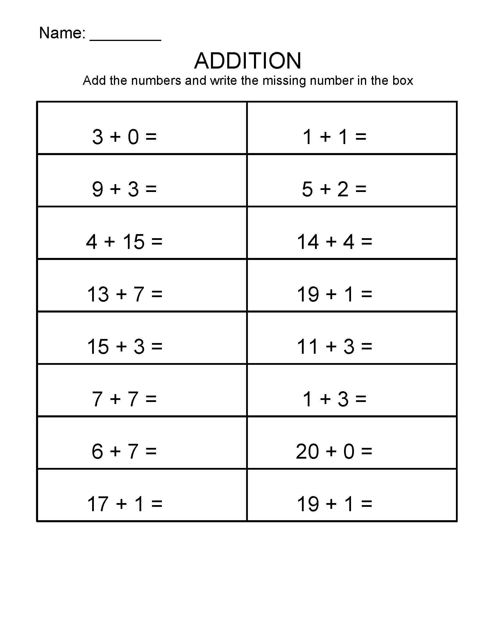Printable Addition 10 Worksheets 1-20 Kindergarten First Grade Second ...