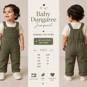 Pode incluir: Um molde de costura para um macacão de bebé com o texto Baby Dungaree Jumpsuit, Sewing Pattern, A0 & A4 Files Included e uma tabela de tamanhos de NB a 4Y. O design mostra um macacão verde com botões.