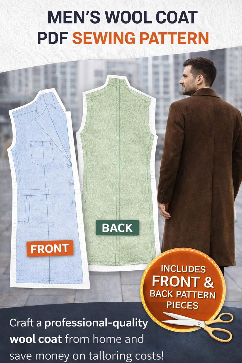 Men’s Long Wool Coat Sewing Pattern PDF | Winter Overcoat Tailoring ...