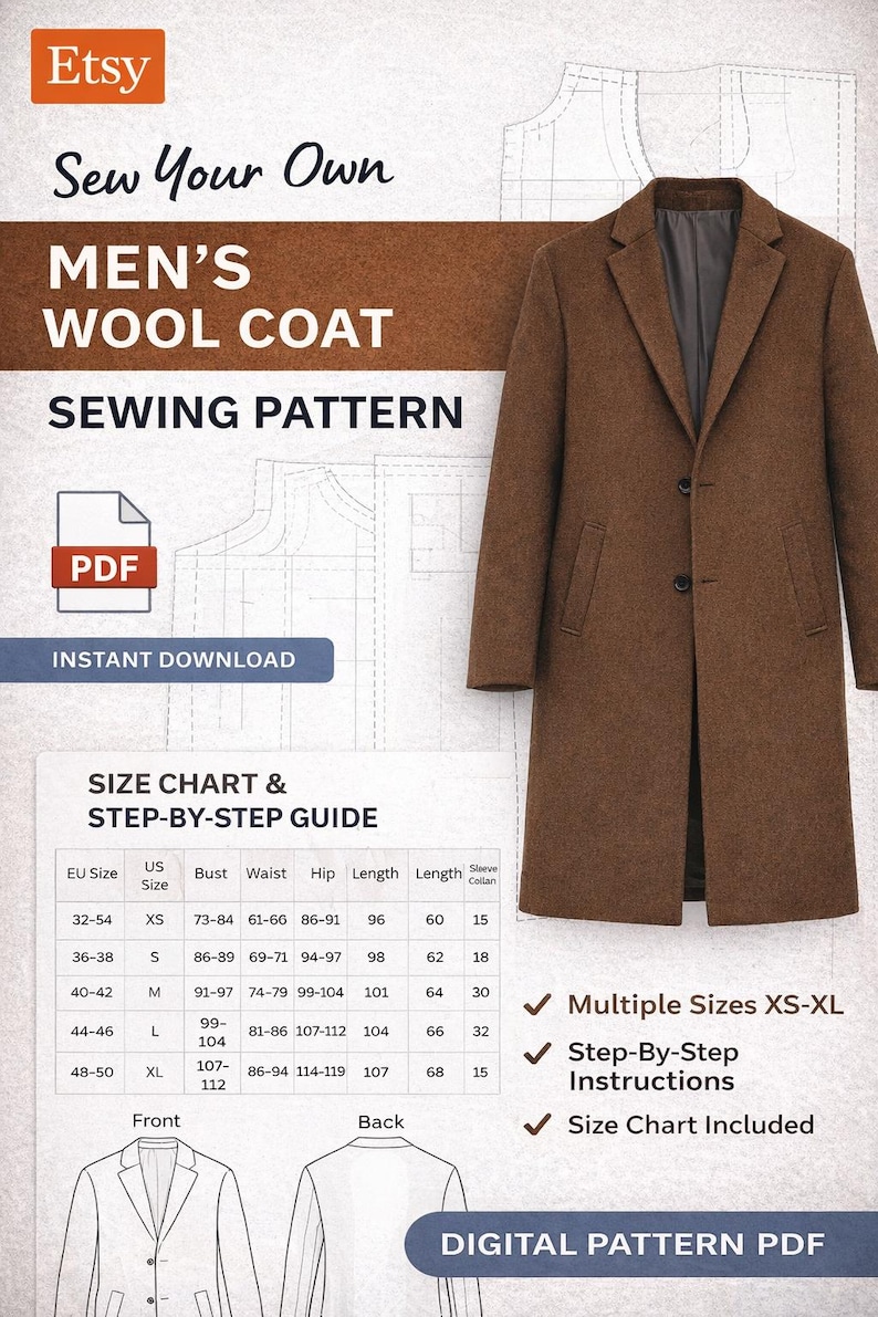 Men’s Long Wool Coat Sewing Pattern PDF | Winter Overcoat Tailoring ...