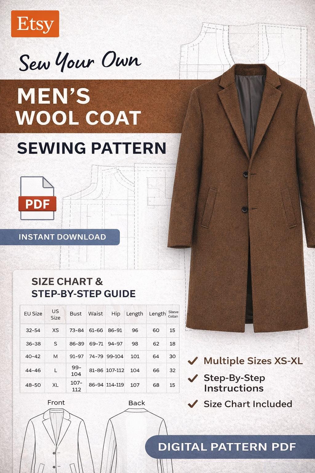 Overocoat Pattern Men’s Long Wool Coat Sewing Pattern PDF | Winter Overcoat Tailoring ...