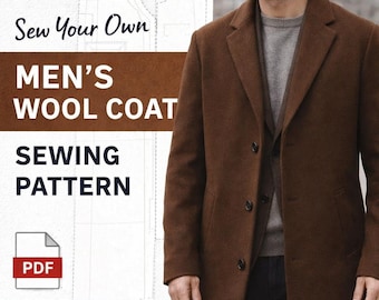Könnte beinhalten: Ein Schnittmuster für einen braunen Wollmantel mit dem Text "Sew Your Own MEN'S WOOL COAT SEWING PATTERN". Das Bild enthält auch ein PDF-Symbol und die Wörter "Instant Download" und "Step-By-Step Instructions".