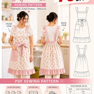 May include: Ruffle Blossom Apron sewing pattern with a floral design, ruffles, and a pink bow. The image shows front and back views of the apron, along with size charts and the text "Limited Time Offer! 70% Off".