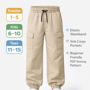 Patrón de costura en PDF para pantalones cargo infantiles / Pantalones deportivos para bebés y adolescentes / Cintura elástica con cordón ajustable / (Patrón digital en PDF para descargar)