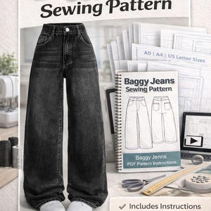 Puede incluir: Imagen de un patrón de costura de jeans anchos negros. El patrón incluye instrucciones. La imagen también incluye el texto "Bestseller" y "Todas las tallas: XS-XL".