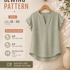 May include: A sage green blouse with flutter sleeves and a split neckline hanging on a wooden hanger. The image includes text for a digital sewing pattern, listing sizes XS to 3XL, A0 and A4 PDF files, and a step-by-step instruction guide.