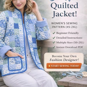 以下が含まれることがあります： 青色のパッチワークデザインのキルティングジャケット。さまざまな青と白の色合いが特徴です。ジャケットには襟、ポケット、水色のトリムが付いています。「Sew Your Own Beautiful Quilted Jacket!」というテキストも含まれています。