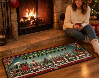 Personalized Grandma's Christmas Crew Runner Rug, Custom Grandkid's Name Train Doormat, Holiday Hallway Carpet, Christmas Gifts