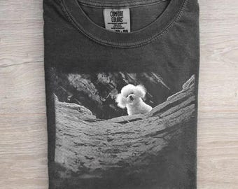 Fluffy Dog T-Shirt, Moody Puppy Graphic, Minimalist Black and White Unisex Tee