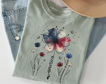 America Flower Shirt, Patriotic Floral Tee, Faith Freedom Pride Shirt, 1776-2026 USA Independence TShirt