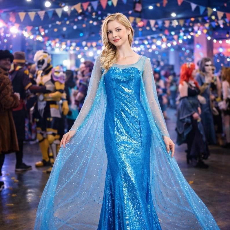 May include: A woman wearing a long, shimmering blue gown with a fitted bodice and a flowing skirt. The dress has a sheer, light blue cape adorned with sparkling accents. The background shows a festive gathering with people in costumes and colorful decorations.