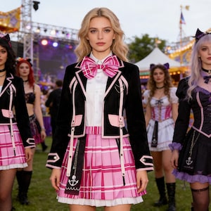 Puede incluir: Un grupo de personas con atuendos a juego. Los atuendos incluyen chaquetas negras con detalles en rosa, camisas blancas, faldas de cuadros rosas y grandes lazos rosas. Los atuendos tienen un diseño de ancla. El fondo muestra un carnaval.