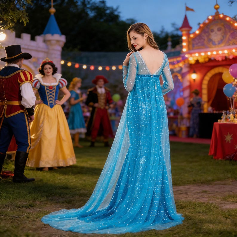 May include: A woman in a long, light blue gown with a flowing train, adorned with sparkling accents. The dress features long sleeves and a low back. Other people in costume are in the background, suggesting a themed event or cosplay.