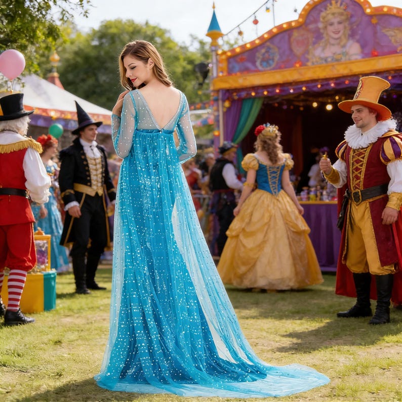 May include: A long, flowing, light blue dress with a low back and long sleeves. The dress is covered in small, white, sparkling dots. The woman is standing in front of a colorful carnival-like structure, surrounded by people in costumes.