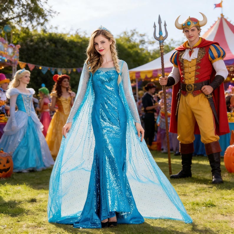 May include: A woman in a sparkling blue gown with a long, flowing cape and a silver tiara. Other people in costumes are in the background, including a person in a red and yellow outfit with a horned helmet and a trident. The scene appears to be at a festival.