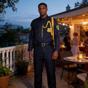 Puede incluir: Una persona con un uniforme azul marino con detalles dorados, incluyendo una insignia y un cordón en el hombro. El uniforme tiene un cinturón negro y una funda. El fondo muestra una fiesta con mesas y gente.