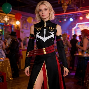 Könnte beinhalten: Schwarzes und rotes Cosplay-Kleid mit hohem Kragen und weißem Emblem auf dem Oberteil. Das Kleid hat goldfarbene Verzierungen, einen roten Gürtel und einen Oberschenkelschlitz. Die Ärmel sind schwarz mit roten Akzenten. Der Hintergrund zeigt eine Party.