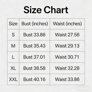 May include: A size chart with the title "Size Chart" in bold black text. The chart lists sizes S, M, L, XL, and XXL, with corresponding bust and waist measurements in inches. The bust measurements range from 33.86 to 40.16 inches, and the waist measurements range from 27.56 to 33.86 inches.