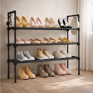 May include: A black metal shoe rack with three shelves, holding various shoes. The shoes include high heels, flats, sneakers, and boots in colors like yellow, pink, beige, and black. A rack on the side holds keys and a hat.