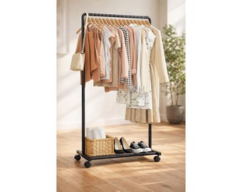 Clothing Rack for Hanging Clothes, Rolling Garment Rack with Shelf, Heavy Duty Metal Clothes Rack Organizer with Wheels for Bedroom Closet