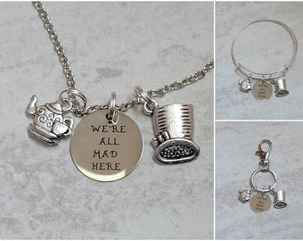 We're All Mad Here - Mad Hatter Bracelet, Keychain or Necklace with Teapot and Hat Charms