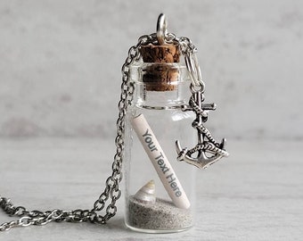 Customizable Beach Message In A Bottle Custom Text Necklace with Anchor, Mermaid, Fish, Turtle or Sea Star Charm