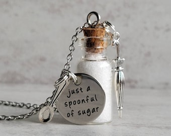 Mary Poppins "Just a Spoonful of Sugar" Vial Necklace with Sugar and Umbrella, Spoon Charm