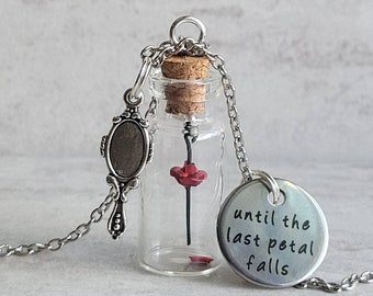 Beauty and the Beast Enchanted Floating Rose Necklace with Magic Mirror Charm - Until the Last Petal Falls