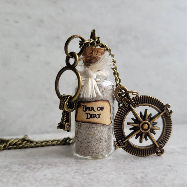 Pirates of the Caribbean Jar of Dirt Necklace with Compass and Key Charm