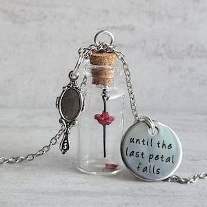 May include: A silver necklace with a glass bottle charm containing a red rose and a small mirror charm. The bottle has a cork stopper and the necklace has a round pendant with the text "until the last petal falls".