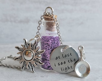 Rapunzel Tangled - At Last I See The Light Glitter Vial Necklace with Sun and Pan Charm