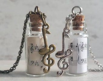 Sheet Music in a Bottle Necklace with Note/Clef Charm