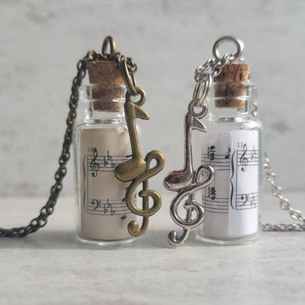 Sheet Music in a Bottle Necklace with Note/Clef Charm