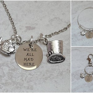 We're All Mad Here Mad Hatter Bracelet, Keychain or Necklace with Teapot and Hat Charms image 1