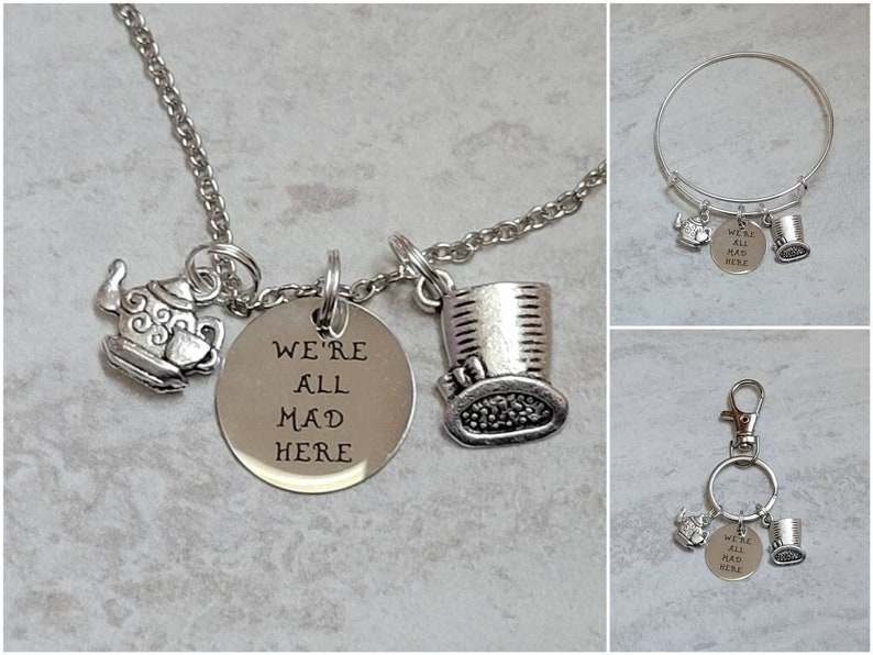 We're All Mad Here Mad Hatter Bracelet, Keychain or Necklace with Teapot and Hat Charms image 1