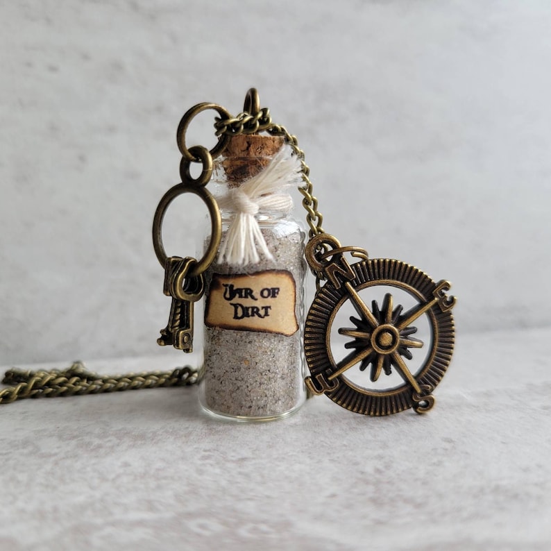 Pirates of the Caribbean Jar of Dirt Necklace with Compass and Key Charm 