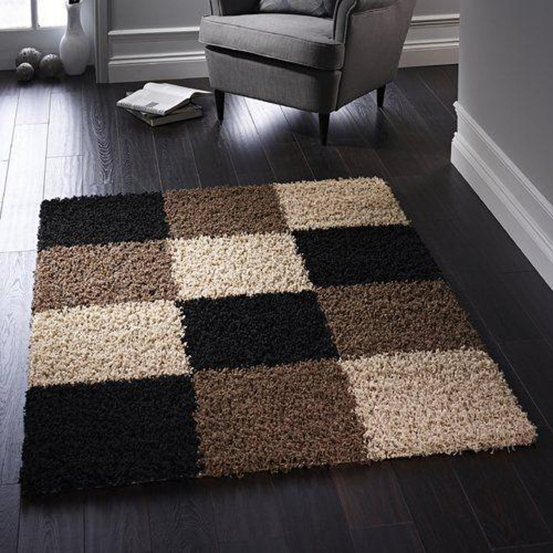 Modern Checkered Shag Rug - Plush Geometric Block Area Rug in Chocolate ...