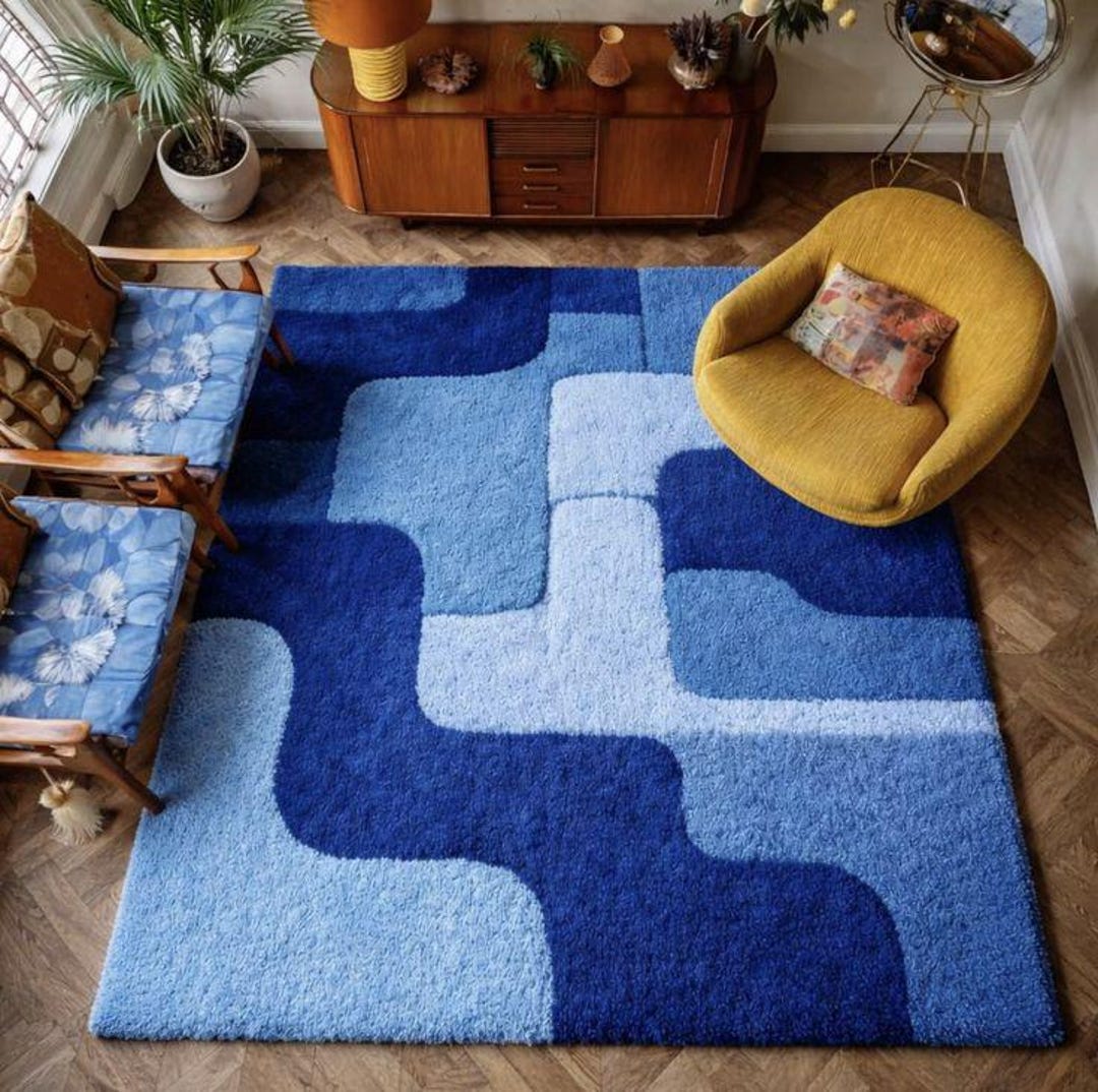 Mid Century Modern Blue Abstract Area Rug - Retro 70s Geometric Plush ...