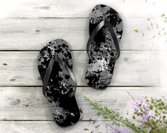 Black Gray Splatter Flip Flops | Grunge Paint Splat Beach Sandals