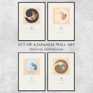 Set of 4 Japanese Oni Seasons Wall Art – Spring Summer Autumn Winter Prints, Vintage Japanese Folk Art, Zen Wall Decor, Digital Download