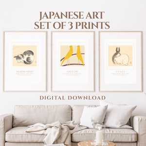 Set of 3 Japanese Vintage Animal Prints – Cat and Rabbits & Birds – Japandi Nursery Wall Art – Kono Bairei＆Sugiura Hisui – Digital Download